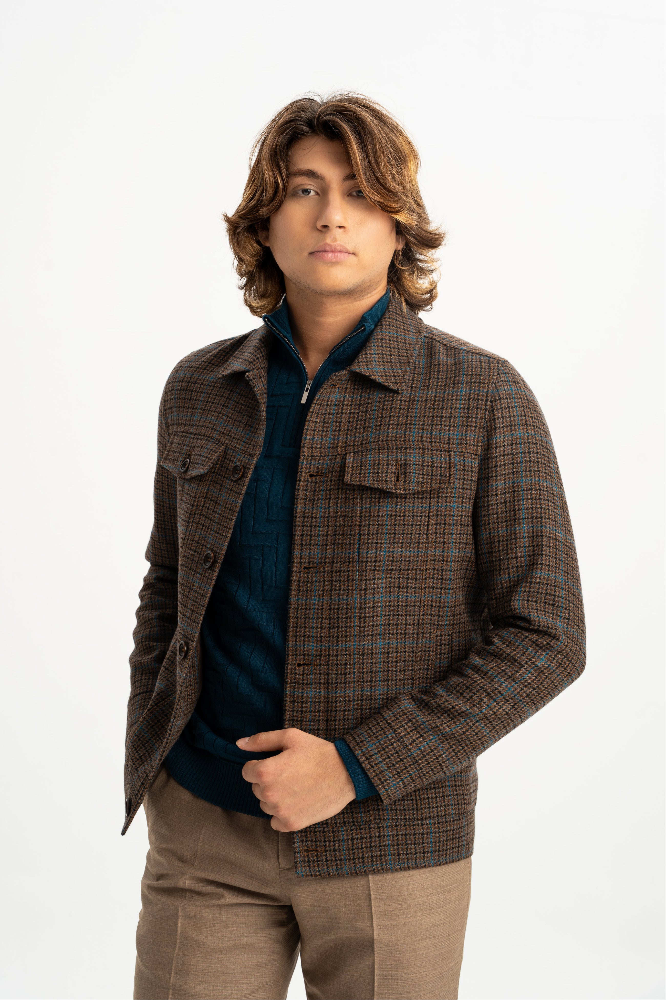 KOZLU Camel Yünlü Astarlı Kareli Ceket