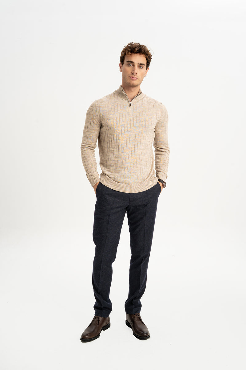 TAŞTEPE Bej Yün Karışımlı Yarım Fermuarlı Balıkçı Yaka Jakarlı Triko Kazak