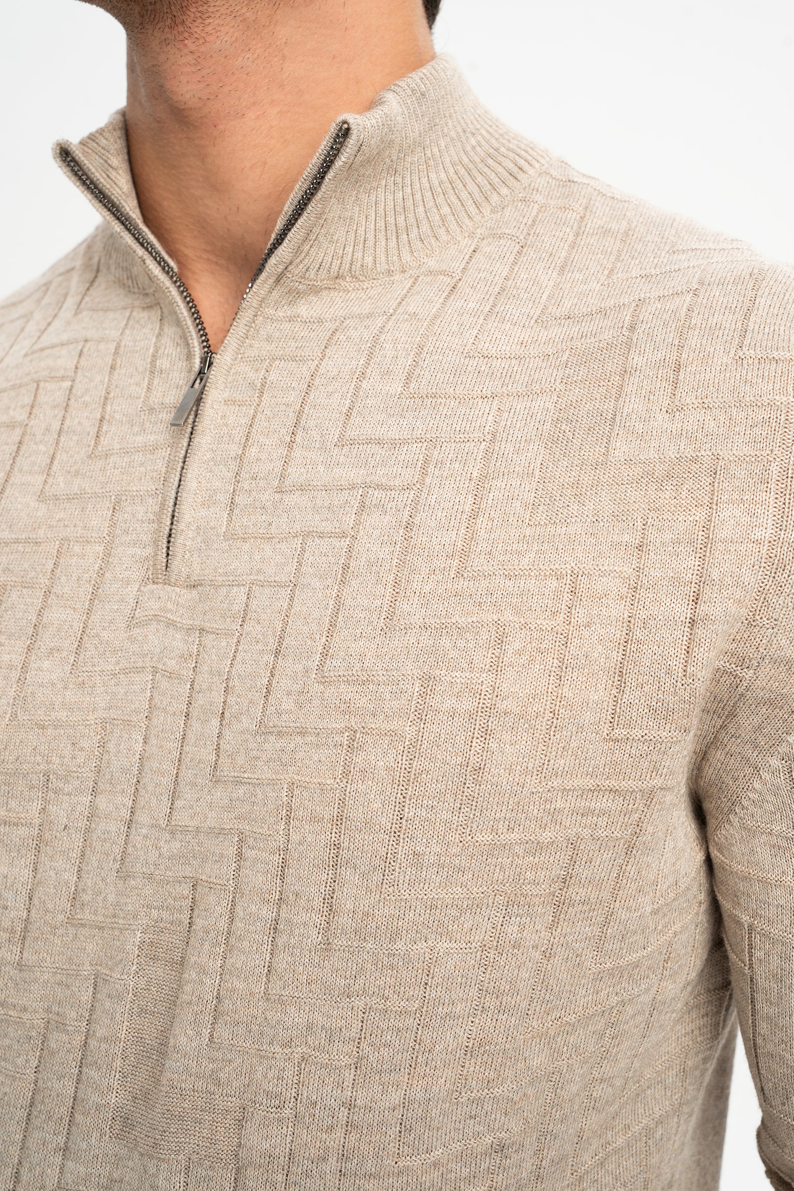 TAŞTEPE Bej Yün Karışımlı Yarım Fermuarlı Balıkçı Yaka Jakarlı Triko Kazak