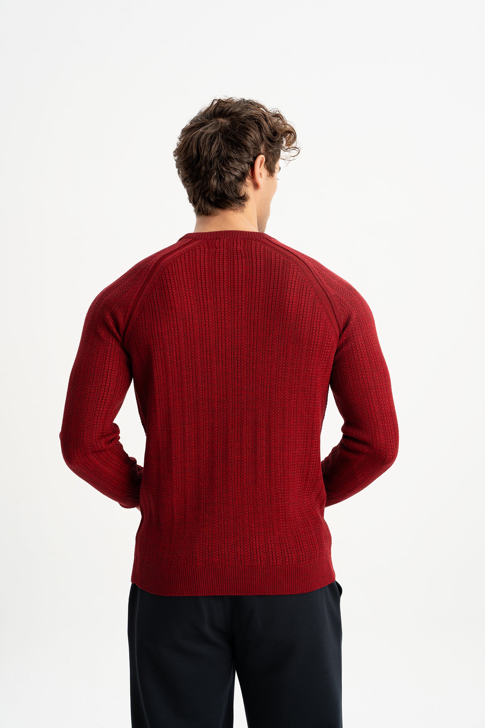 ÇARDAK Bordo Yün Karışımlı Bisiklet Yaka Uzun Kollu Jakarlı Triko Kazak