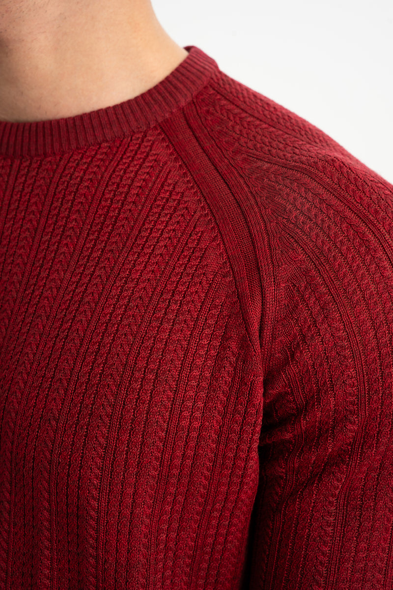 ÇARDAK Bordo Yün Karışımlı Bisiklet Yaka Uzun Kollu Jakarlı Triko Kazak
