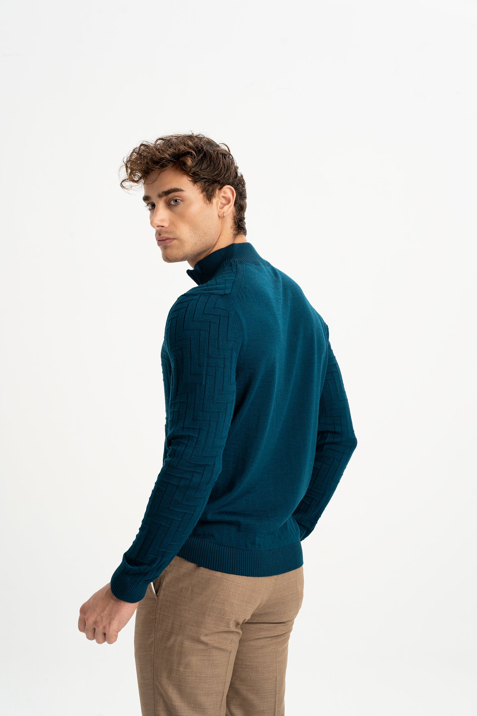 TAŞTEPE Petrol Yün Karışımlı Yarım Fermuarlı Balıkçı Yaka Jakarlı Triko Kazak