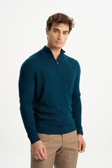 TAŞTEPE Petrol Wool Blend Half Zipper Turtleneck Jacquard Knitwear Sweater