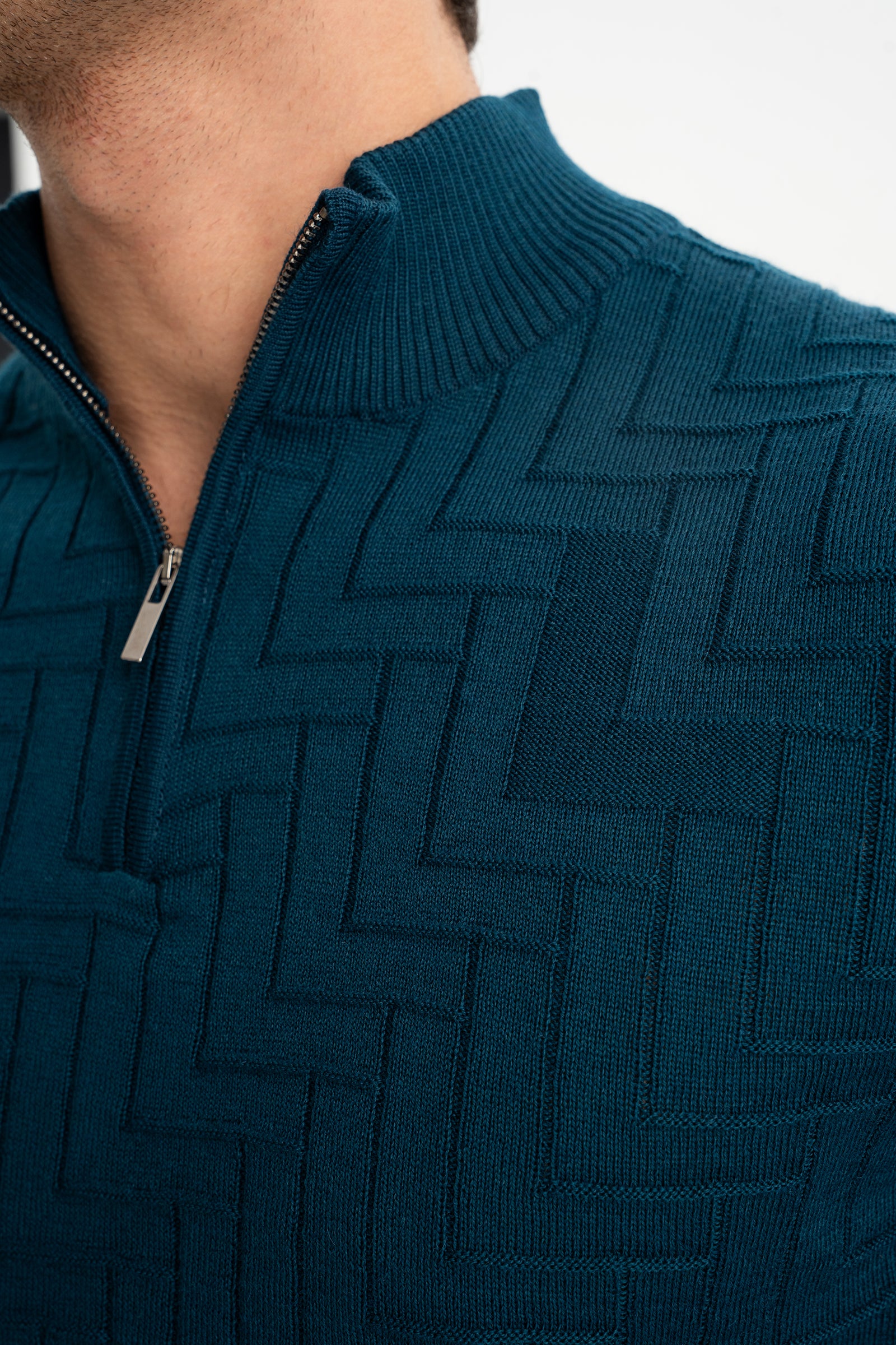 TAŞTEPE Petrol Yün Karışımlı Yarım Fermuarlı Balıkçı Yaka Jakarlı Triko Kazak