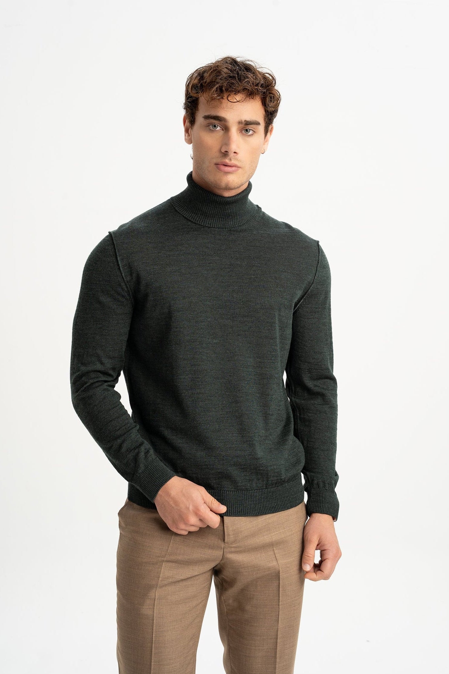 LAPSEKİ Haki Yün Balıkçı Yaka Uzun Kollu Kazak