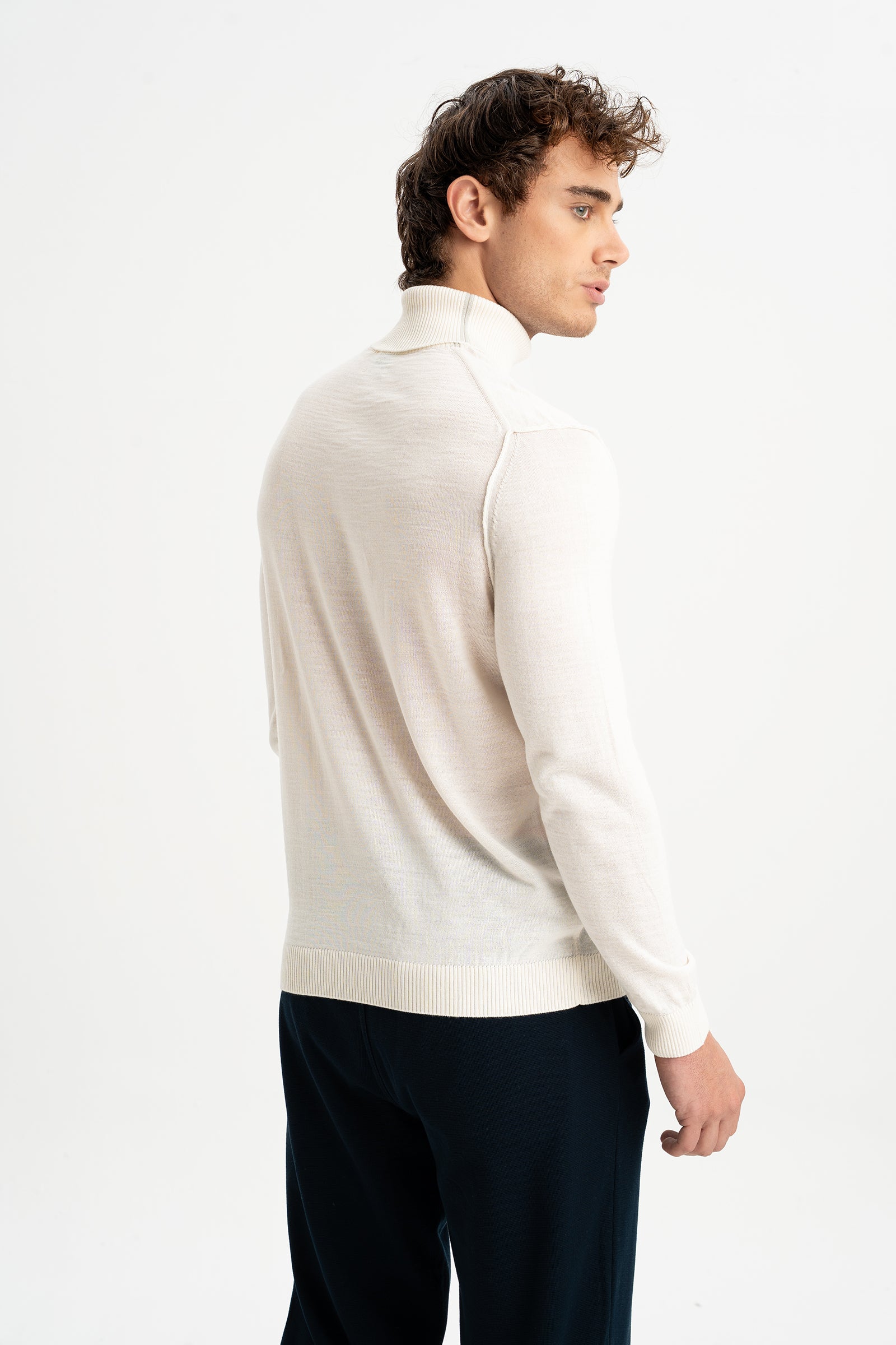 LAPSEKİ Ekru Yün Balıkçı Yaka Uzun Kollu Kazak