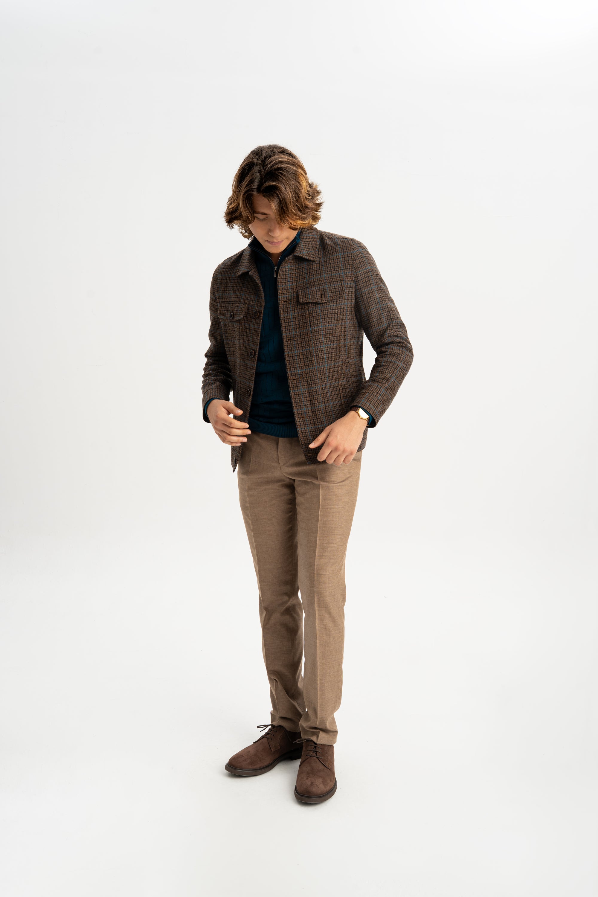 KOZLU Camel Yünlü Astarlı Kareli Ceket