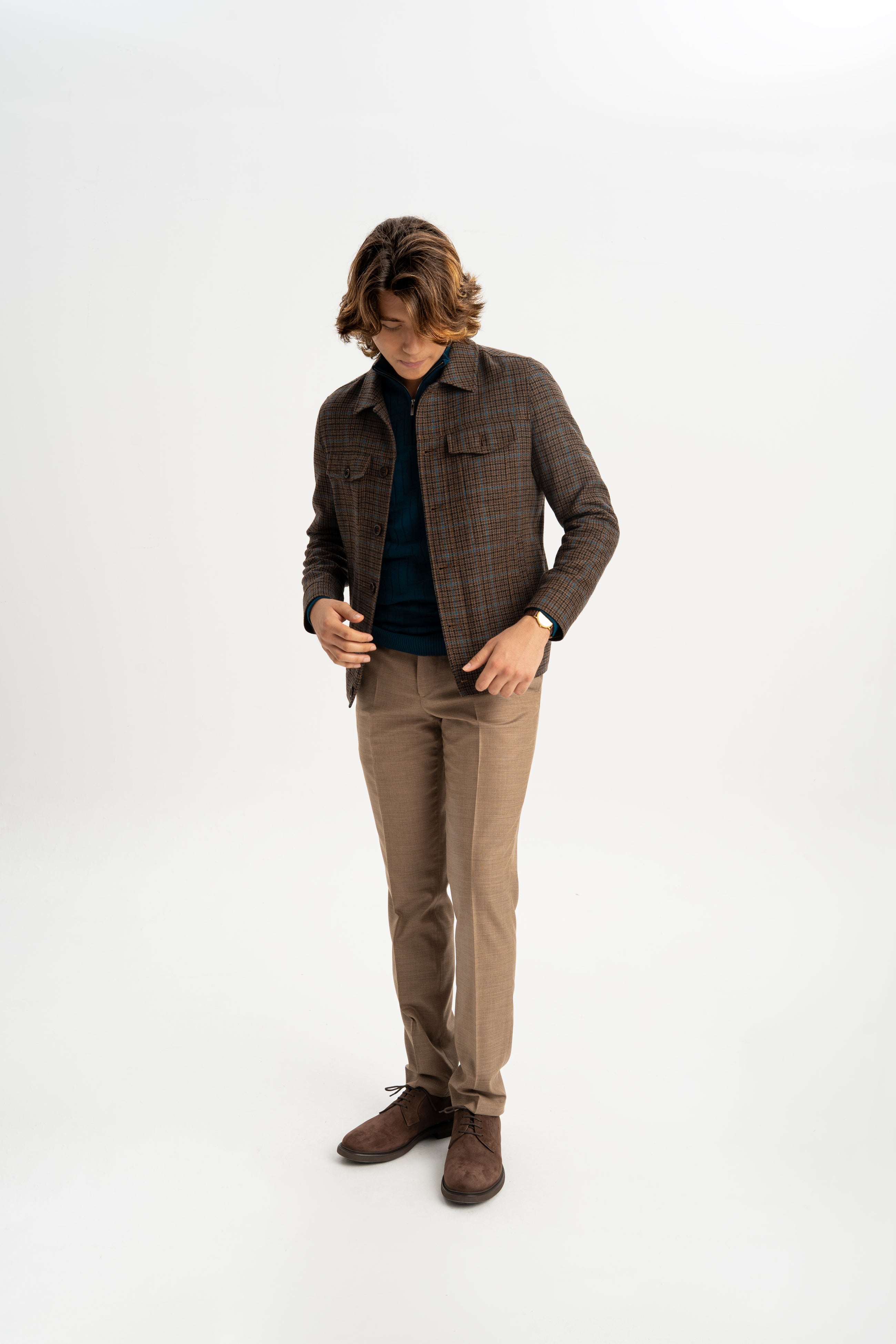 KOZLU Camel Yünlü Astarlı Kareli Ceket