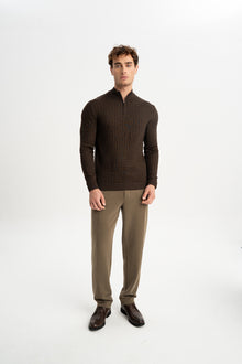 TAŞTEPE Kahverengi Yün Karışımlı Yarım Fermuarlı Balıkçı Yaka Jakarlı Triko Kazak