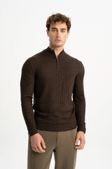 TAŞTEPE Brown Wool Blend Half Zipper Turtleneck Jacquard Knitwear Sweater