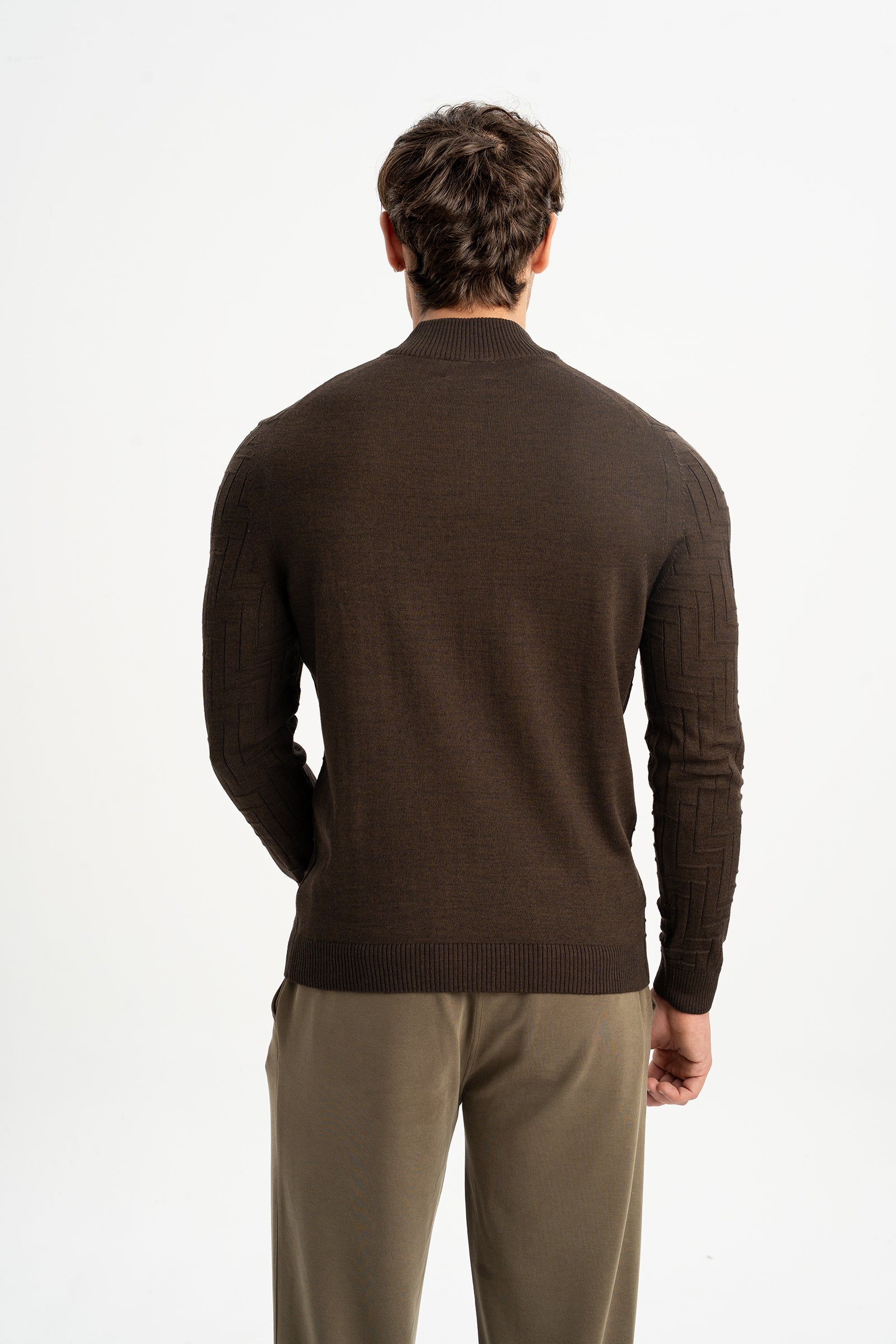 TAŞTEPE Kahverengi Yün Karışımlı Yarım Fermuarlı Balıkçı Yaka Jakarlı Triko Kazak