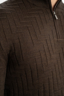 TAŞTEPE Kahverengi Yün Karışımlı Yarım Fermuarlı Balıkçı Yaka Jakarlı Triko Kazak