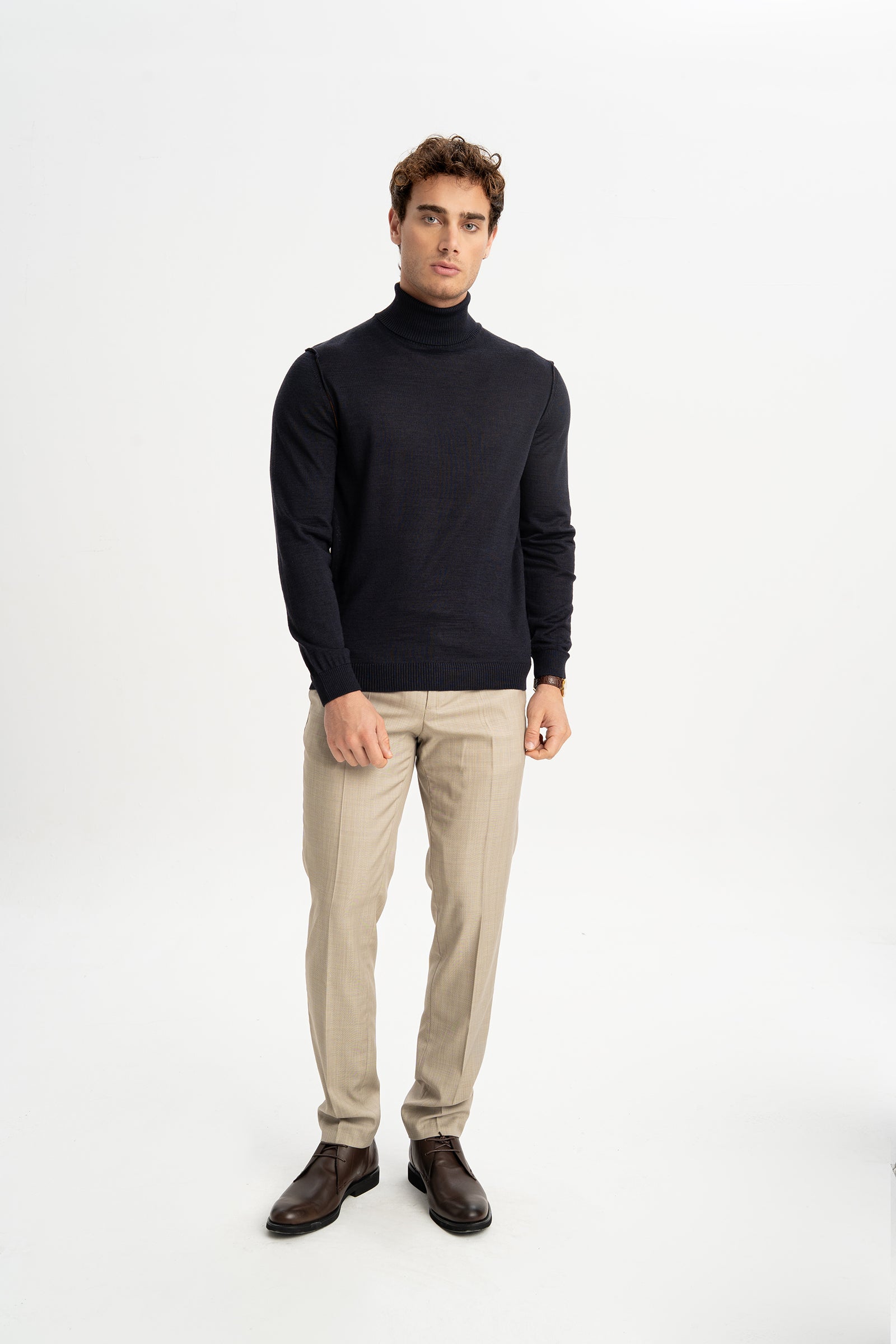 LAPSEKİ Lacivert Yün Balıkçı Yaka Uzun Kollu Kazak