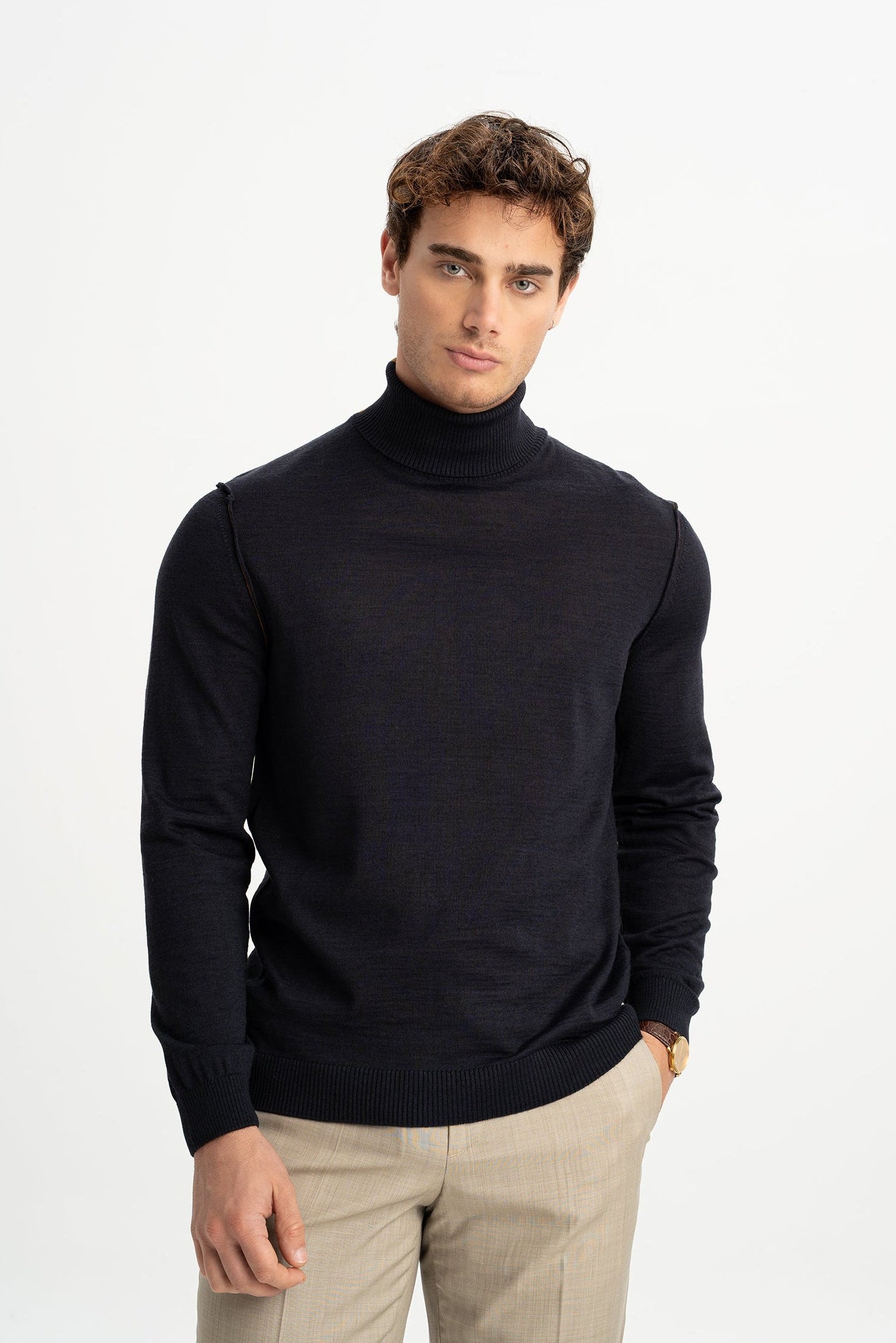 LAPSEKİ Lacivert Yün Balıkçı Yaka Uzun Kollu Kazak