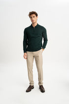 HARMANLI Haki İpek-Yün Karışımlı Polo Yaka Triko Kazak