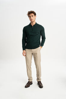 HARMANLI Haki İpek-Yün Karışımlı Polo Yaka Triko Kazak