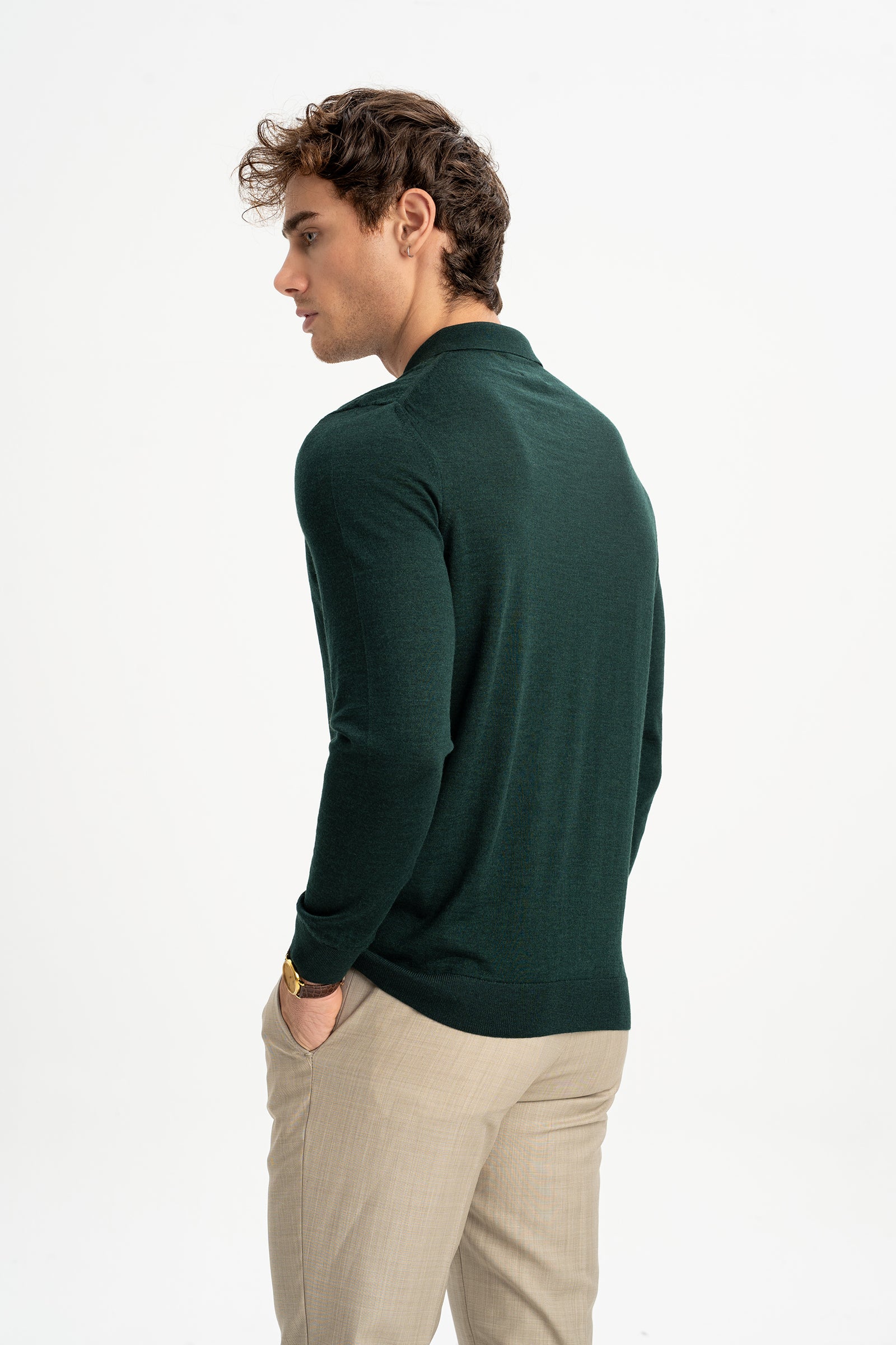 HARMANLI Haki İpek-Yün Karışımlı Polo Yaka Triko Kazak