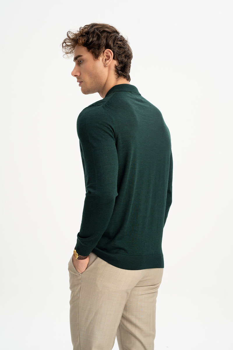 HARMANLI Haki İpek-Yün Karışımlı Polo Yaka Triko Kazak