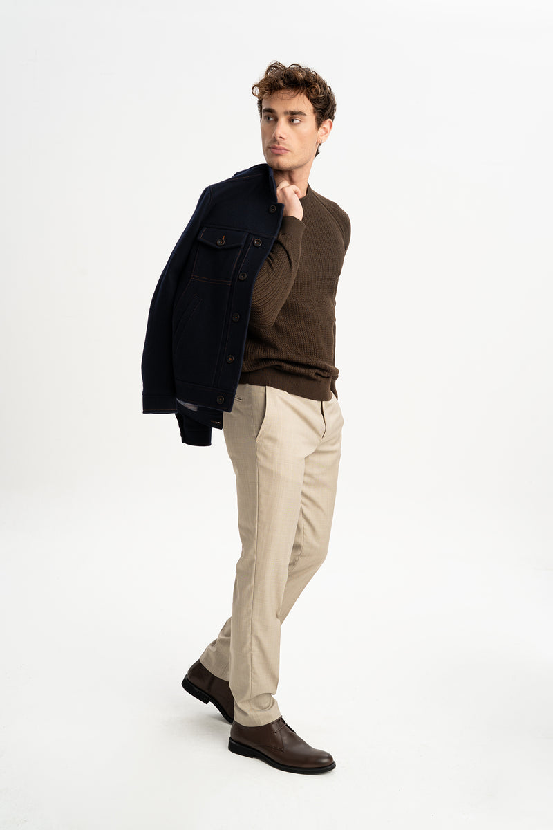 ÇARDAK Kahverengi Yün Karışımlı Bisiklet Yaka Uzun Kollu Jakarlı Triko Kazak