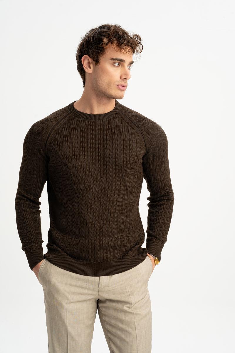 ÇARDAK Kahverengi Yün Karışımlı Bisiklet Yaka Uzun Kollu Jakarlı Triko Kazak