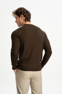 ÇARDAK Kahverengi Yün Karışımlı Bisiklet Yaka Uzun Kollu Jakarlı Triko Kazak