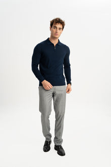 HARMANLI Lacivert İpek-Yün Karışımlı Polo Yaka Triko Kazak