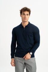 BLENDED Navy Blue Silk-Wool Blend Polo Neck Knitwear Sweater