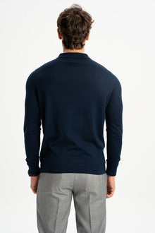 HARMANLI Lacivert İpek-Yün Karışımlı Polo Yaka Triko Kazak