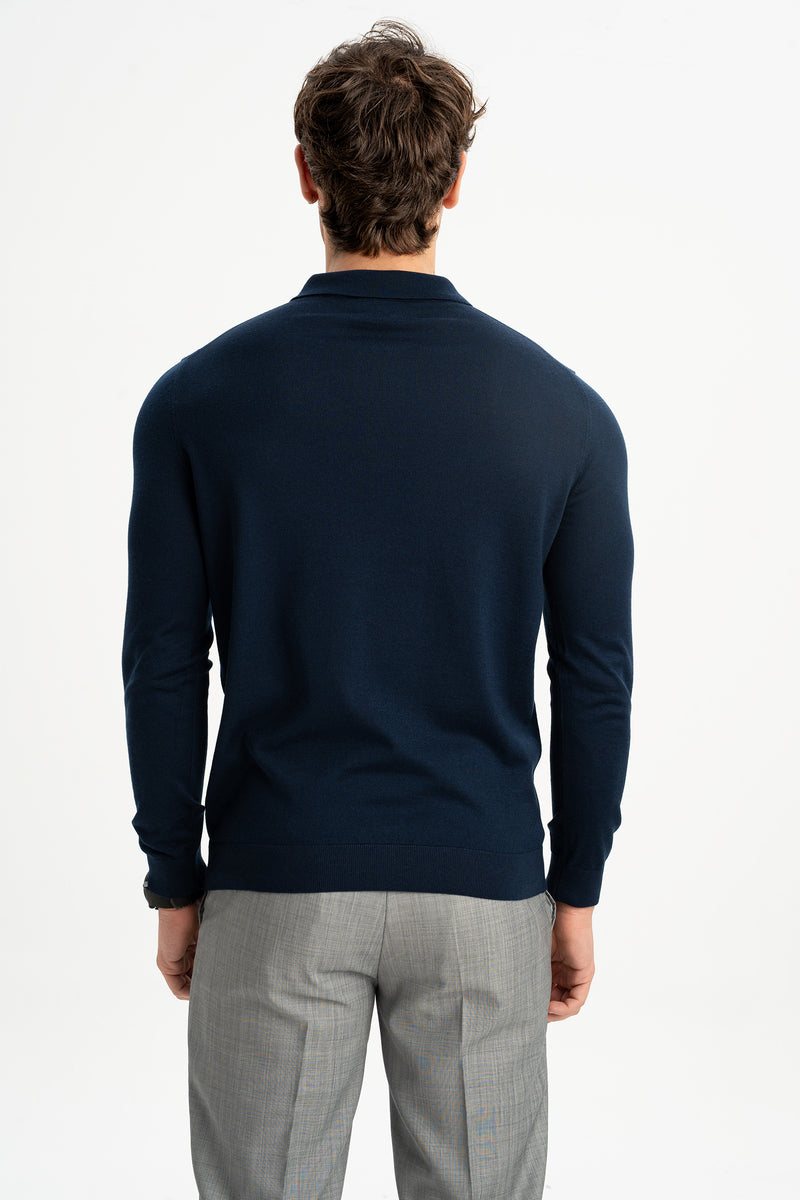 HARMANLI Lacivert İpek-Yün Karışımlı Polo Yaka Triko Kazak