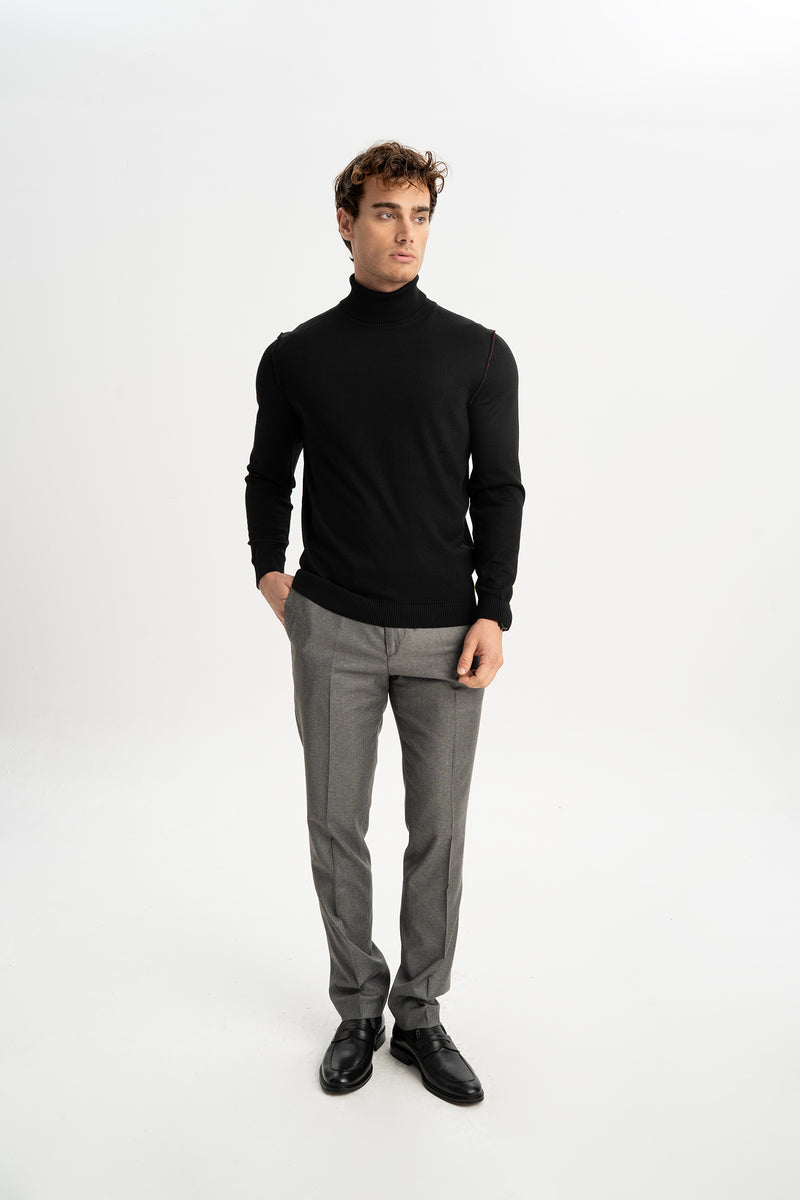 LAPSEKİ Siyah Yün Balıkçı Yaka Uzun Kollu Kazak