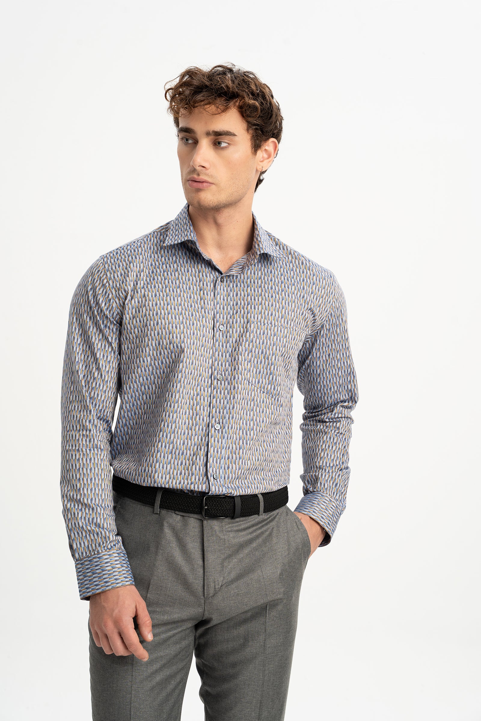 YENİCE Lacivert Sarı %100 Pamuk İpliği Boyalı Gömlek