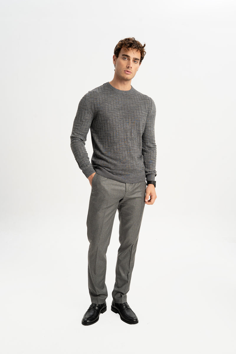 GÜNEYLİ Antrasit Yün Karışımlı Bisiklet Yaka Jakarlı Triko Kazak