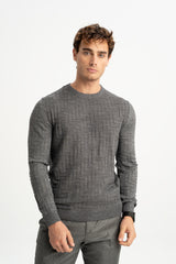 GÜNEYLİ Anthracite Wool Blend Crew Neck Jacquard Knitwear Sweater