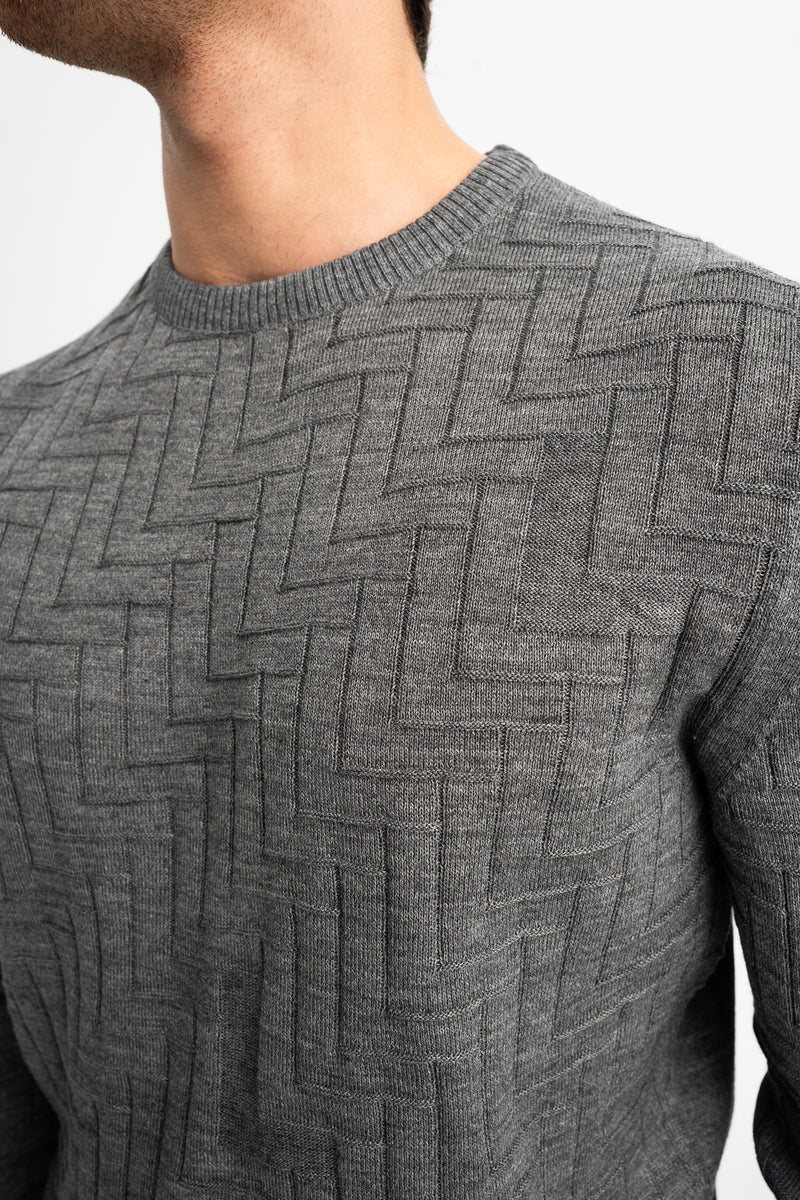 GÜNEYLİ Antrasit Yün Karışımlı Bisiklet Yaka Jakarlı Triko Kazak