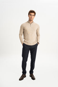 TAŞTEPE Bej Yün Karışımlı Yarım Fermuarlı Balıkçı Yaka Jakarlı Triko Kazak