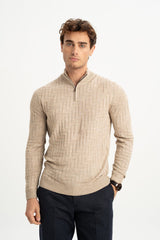 TAŞTEPE Beige Wool Blend Half Zipper Turtleneck Jacquard Knitwear Sweater