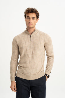 TAŞTEPE Bej Yün Karışımlı Yarım Fermuarlı Balıkçı Yaka Jakarlı Triko Kazak