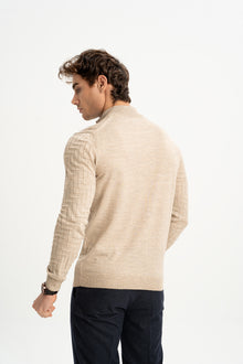 TAŞTEPE Bej Yün Karışımlı Yarım Fermuarlı Balıkçı Yaka Jakarlı Triko Kazak