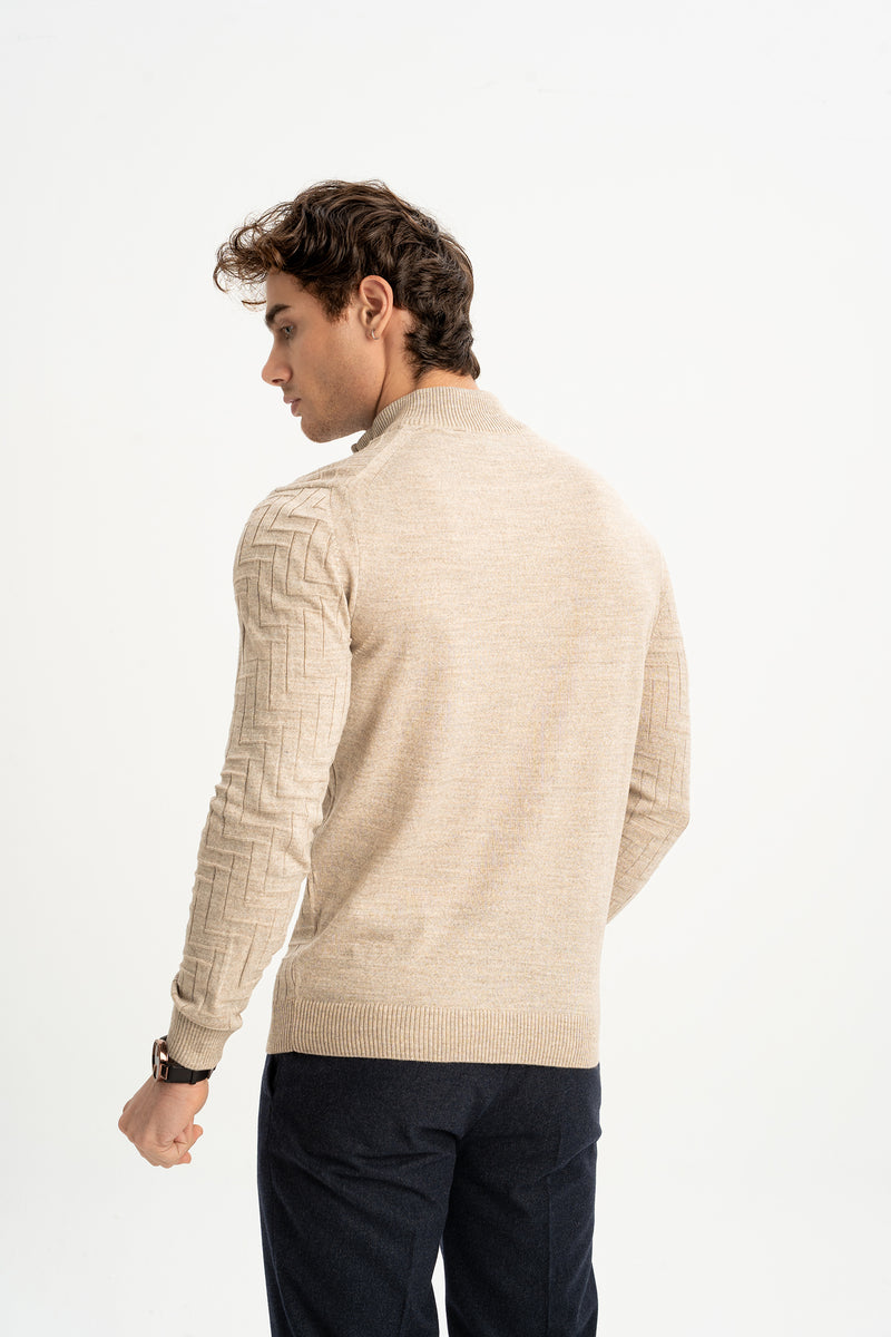 TAŞTEPE Bej Yün Karışımlı Yarım Fermuarlı Balıkçı Yaka Jakarlı Triko Kazak