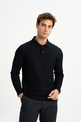 BOZALAN Navy Blue Mercerized Long Sleeve Polo Shirt