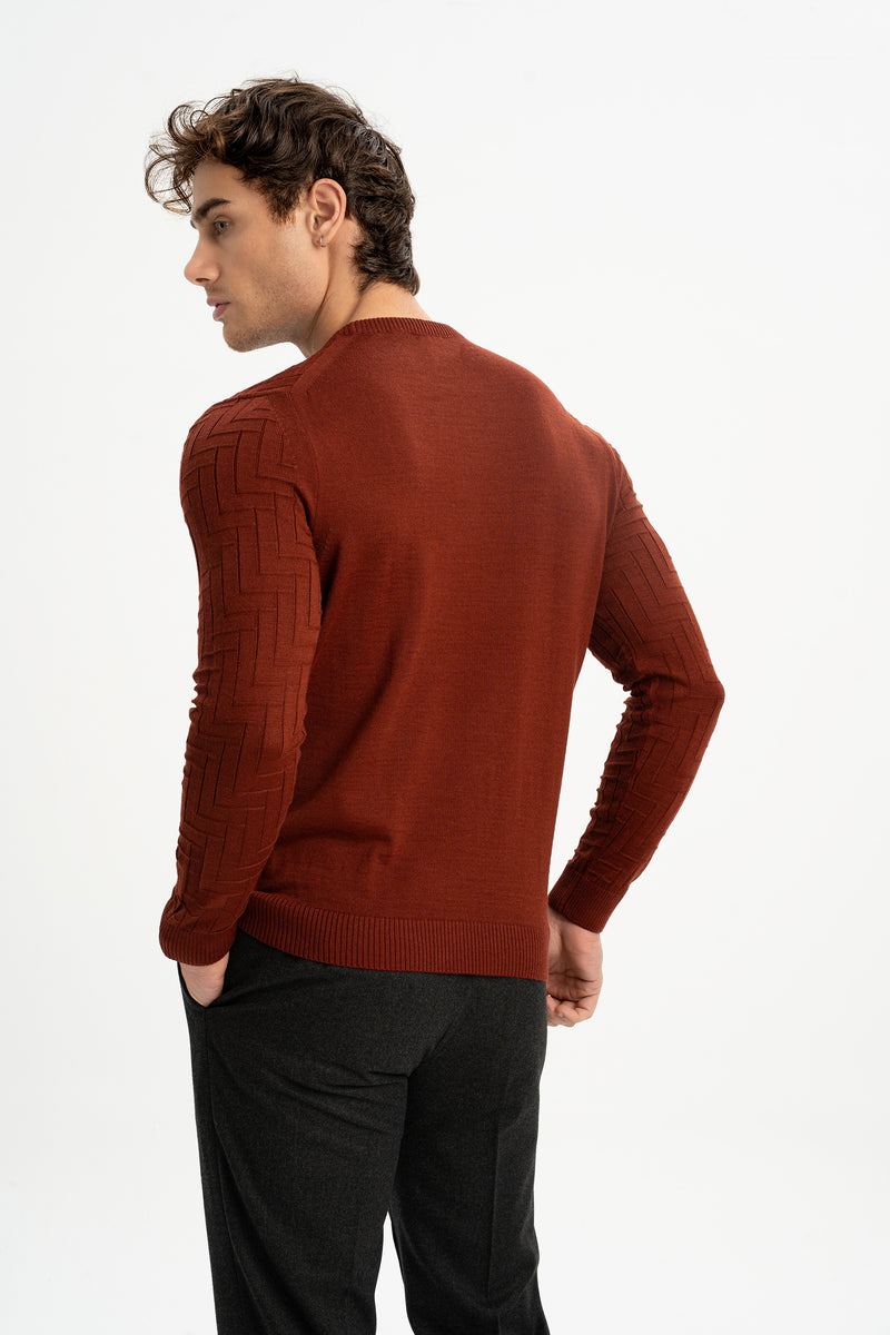 GÜNEYLİ Kiremit Yün Karışımlı Bisiklet Yaka Jakarlı Triko Kazak