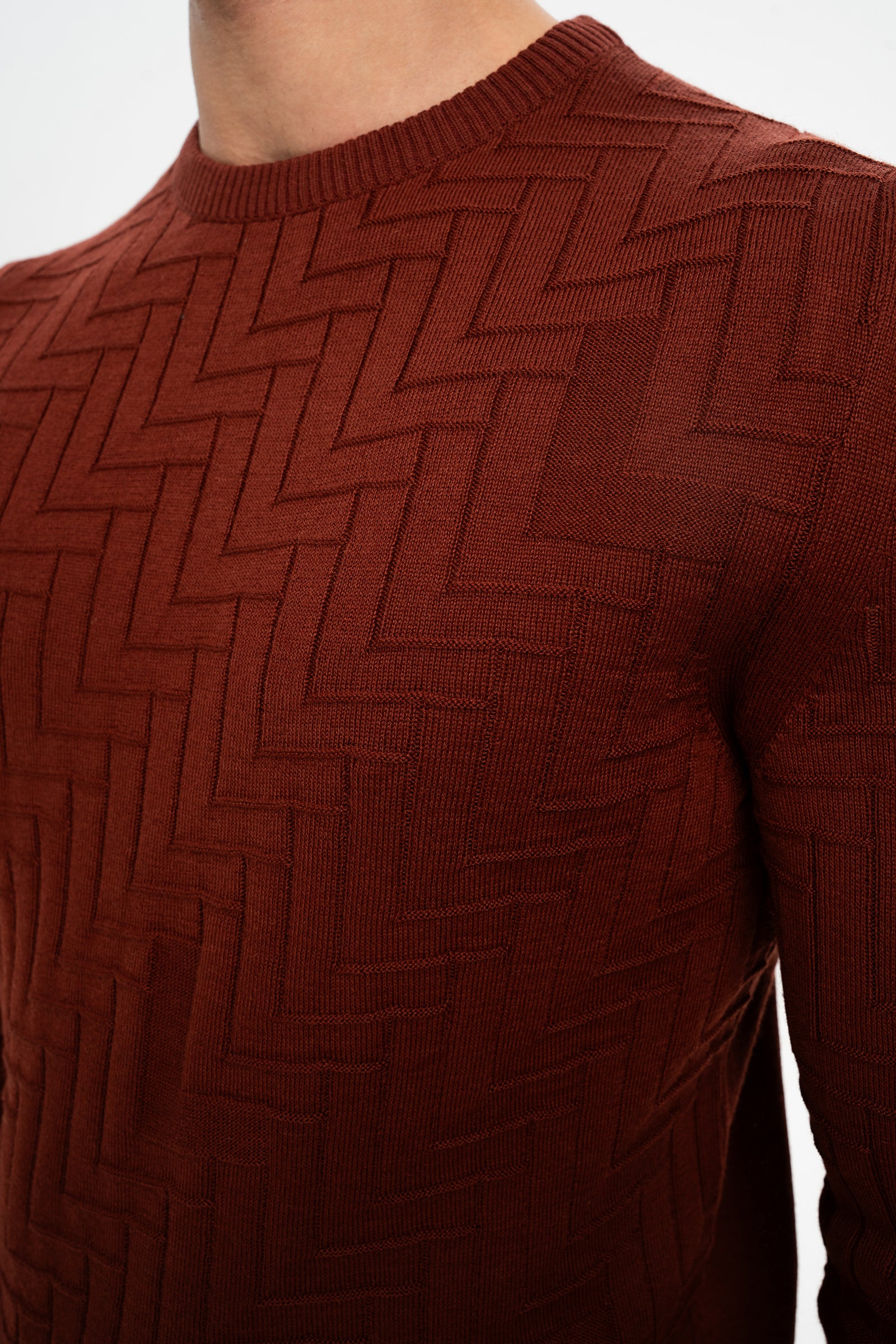 GÜNEYLİ Kiremit Yün Karışımlı Bisiklet Yaka Jakarlı Triko Kazak