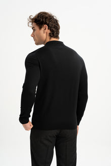 HARMANLI Siyah İpek-Yün Karışımlı Polo Yaka Triko Kazak