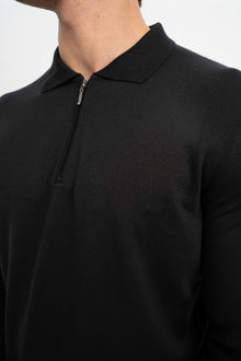 HARMANLI Siyah İpek-Yün Karışımlı Polo Yaka Triko Kazak