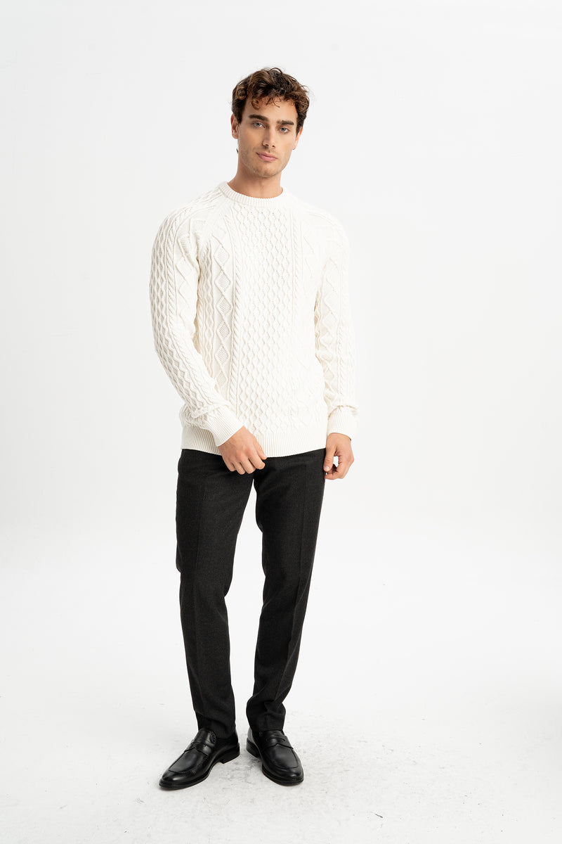 BOZELİ Krem Pamuklu Kendinden Desenli Triko Kazak