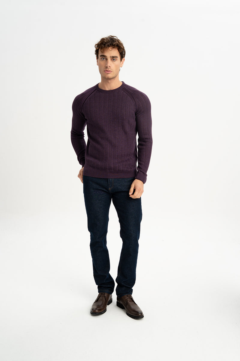 ÇARDAK Mor Yün Karışımlı Bisiklet Yaka Uzun Kollu Jakarlı Triko Kazak