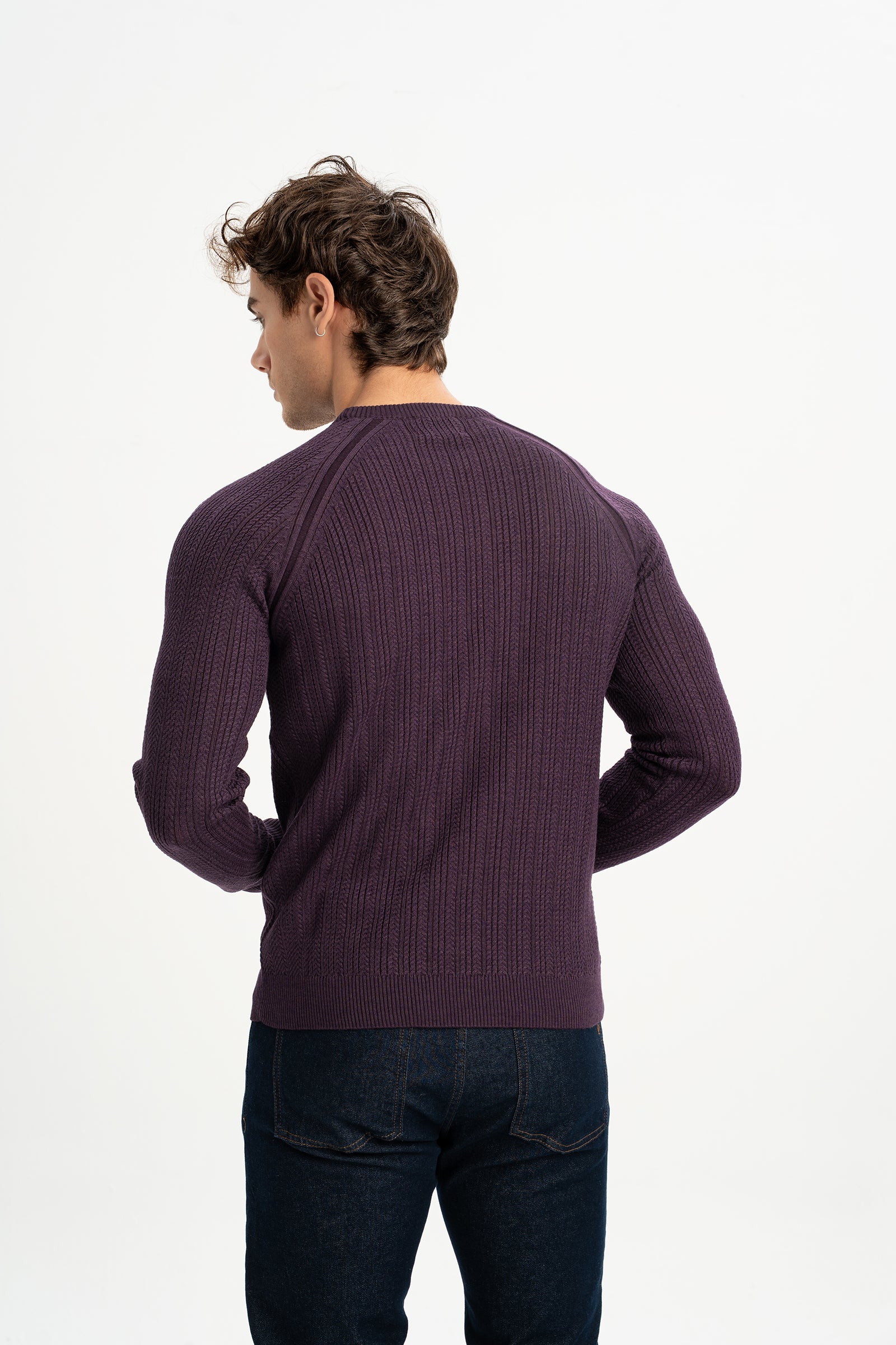 ÇARDAK Mor Yün Karışımlı Bisiklet Yaka Uzun Kollu Jakarlı Triko Kazak