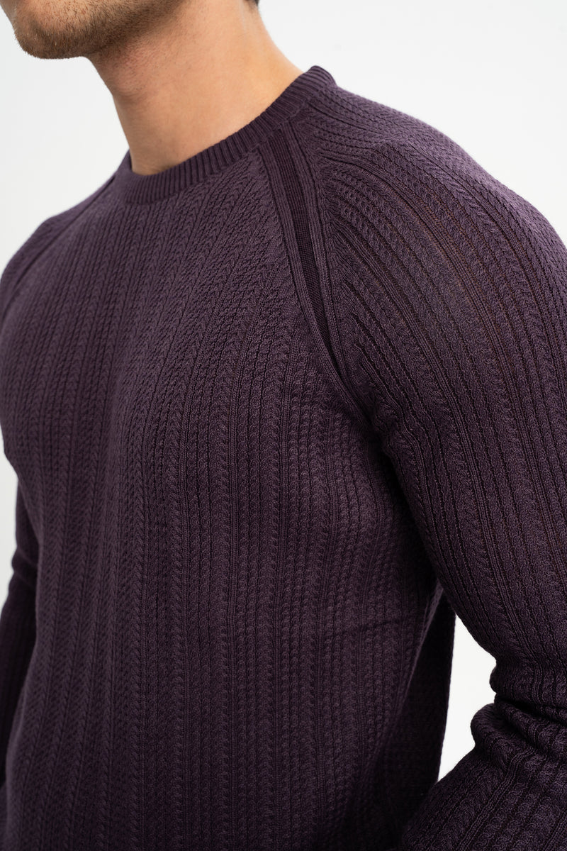 ÇARDAK Mor Yün Karışımlı Bisiklet Yaka Uzun Kollu Jakarlı Triko Kazak