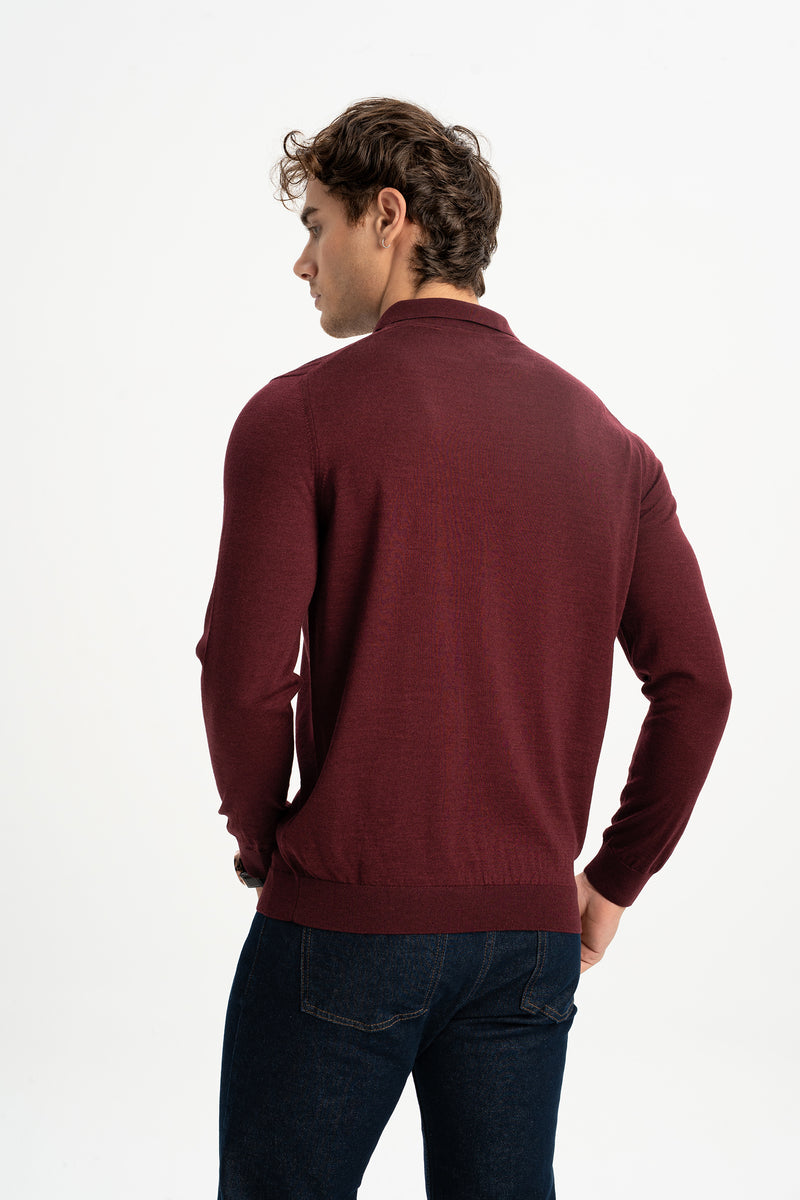 HARMANLI Bordo İpek-Yün Karışımlı Polo Yaka Triko Kazak