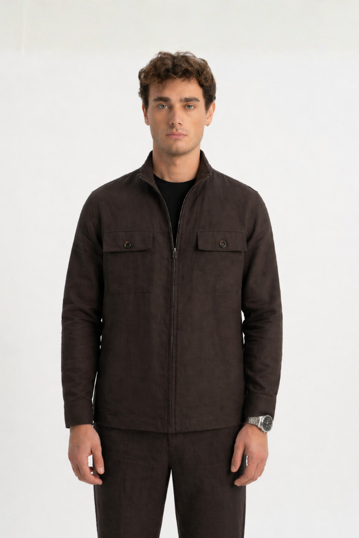 Kahve Uzun Kollu Mevsimlik Keten Kombin